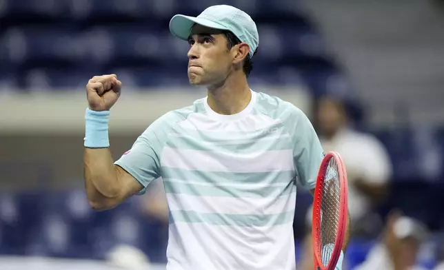 Nuno Borges, of Portugal, reacts after winning the fourth set against Tommy Paul, of the United States, during the second round of the U.S. Open tennis championships, Thursday, Aug. 28, 2025, in New York. (AP Photo/Frank Franklin II)