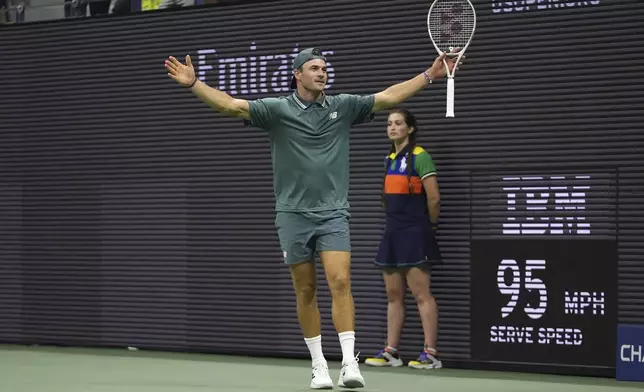 Tommy Paul, of the United States, reacts after defeating defeating Nuno Borges, of Portugal, during the second round of the U.S. Open tennis championships, Thursday, Aug. 28, 2025, in New York. (AP Photo/Frank Franklin II)