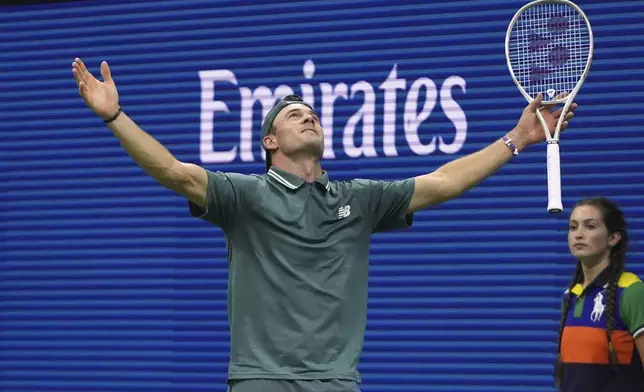 Tommy Paul, of the United States, reacts after defeating defeating Nuno Borges, of Portugal, during the second round of the U.S. Open tennis championships, Thursday, Aug. 28, 2025, in New York. (AP Photo/Frank Franklin II)