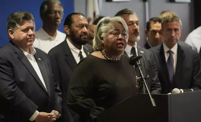 Texas State Rep. Barbara Gervin-Haskins speaks during a news conference in Aurora, Ill., on Tuesday, Aug 5, 2025. (AP Photo/Erin Hooley)