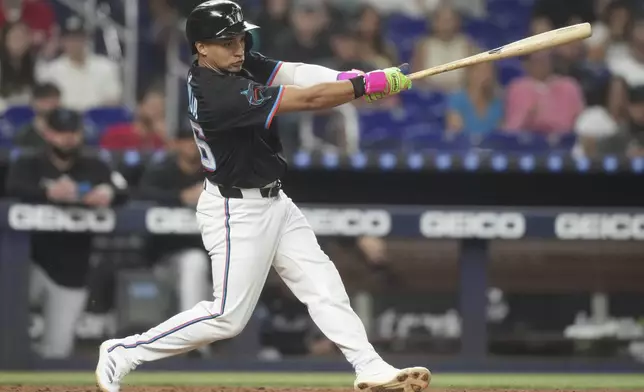 Miami Marlins' Javier Sanoja hits a home run during the second inning of a baseball game against the Toronto Blue Jays, Friday, Aug. 22, 2025, in Miami. (AP Photo/Marta Lavandier)
