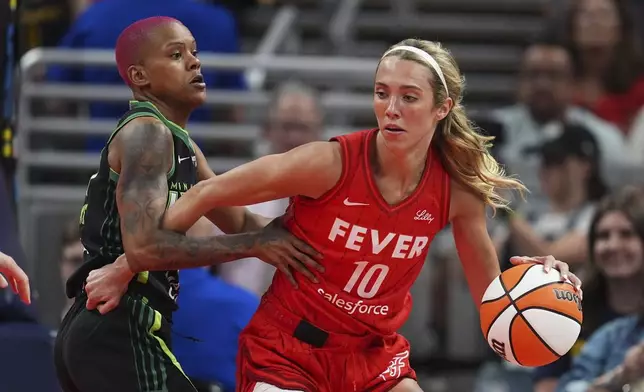 Indiana Fever's Lexie Hull (10) is defended by Minnesota Lynx's Courtney Williams (10) during the first half of a WNBA basketball game, Friday, Aug. 22, 2025, in Indianapolis. (AP Photo/Darron Cummings)