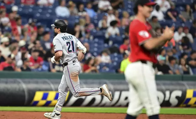 Miami Marlins' Graham Pauley runs the bases after hitting a solo home run off Cleveland Guardians relief pitcher Matt Festa during the sixth inning of a baseball game, Wednesday, Aug. 13, 2025, in Cleveland. (AP Photo/David Dermer)