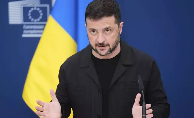Ukraine's President Volodymyr Zelenskyy speaks during a media conference at EU headquarters in Brussels, Belgium, Sunday, Aug. 17, 2025. (AP Photo)