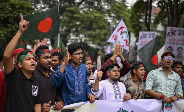 Supporters of National Citizen Party (NCP) shout slogans during a political rally in Dhaka, Bangladesh, Sunday, Aug. 3, 2025. (AP Photo/Mahmud Hossain Opu)