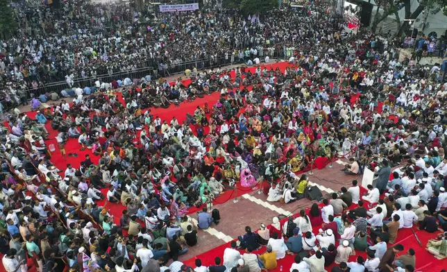 Supporters of National Citizen Party (NCP) listen to the party leader Nahid Islam during a political rally in Dhaka, Bangladesh, Sunday, Aug. 3, 2025. (AP Photo/Mahmud Hossain Opu)