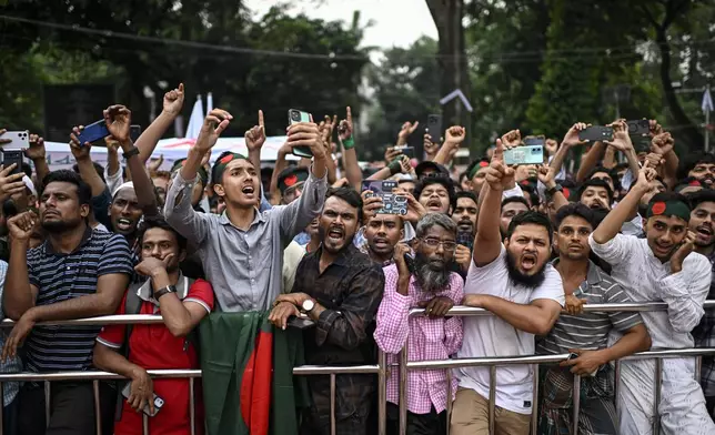 Supporters of National Citizen Party (NCP) shout slogans during a political rally in Dhaka, Bangladesh, Sunday, Aug. 3, 2025. (AP Photo/Mahmud Hossain Opu)
