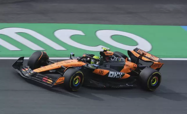 McLaren driver Lando Norris of Britain in action during the first practice for the Formula One Dutch Grand Prix in Zandvoort, Netherlands, Friday, Aug. 29, 2025. (AP Photo/Patrick Post)