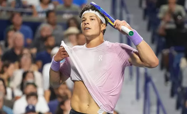 Ben Shelton of the USA reacts during the men's final tennis action against Karen Khachanov of Russia at the National Bank Open in Toronto on Thursday, August 7, 2025. (Chris Young/The Canadian Press via AP)