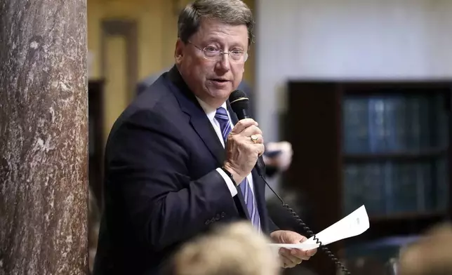 FILE - Sen. Mark Norris, R-Collierville, debates a bill on the Senate floor, May 10, 2017, in Nashville, Tenn. (AP Photo/Mark Humphrey, File)