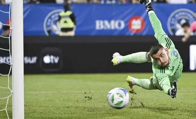 CF Montreal goalkeeper Thomas Gillier is scored against by D.C. United's Jackson Hopkins during first-half MLS soccer match action in Montreal, Saturday, Aug. 16, 2025. (Graham Hughes/The Canadian Press via AP)