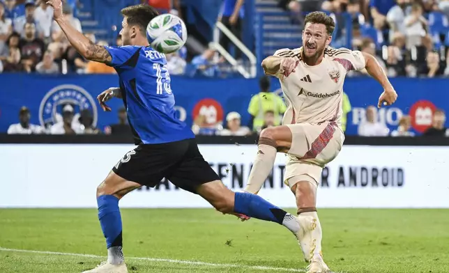 D.C. United's Conner Antley, right, shoots on goal as CF Montreal's Luca Petrasso, left, defends during first-half MLS soccer match action in Montreal, Saturday, Aug. 16, 2025. (Graham Hughes/The Canadian Press via AP)