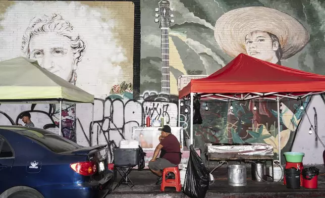 Street vendor Hector, an immigrant from Guatemala, waits for customers at his food cart in Los Angeles, Tuesday, Aug. 5, 2025. (AP Photo/Jae C. Hong)
