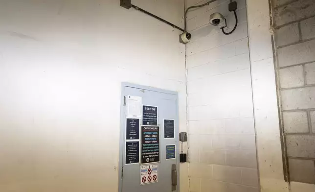 Surveillance cameras hang above the entrance to a U.S. Immigration and Customs Enforcement facility known as "B-18," where immigration hearings take place, in Los Angeles, Friday, July 25, 2025. (AP Photo/Jae C. Hong)