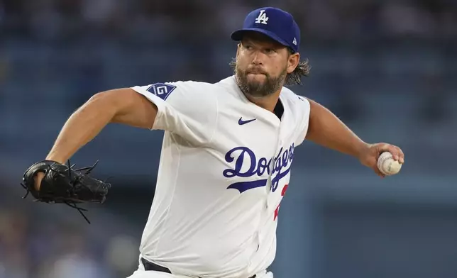 Los Angeles Dodgers starting pitcher Clayton Kershaw throws to the plate during the second inning of a baseball game against the Toronto Blue Jays, Friday, Aug. 8, 2025, in Los Angeles. (AP Photo/Mark J. Terrill)