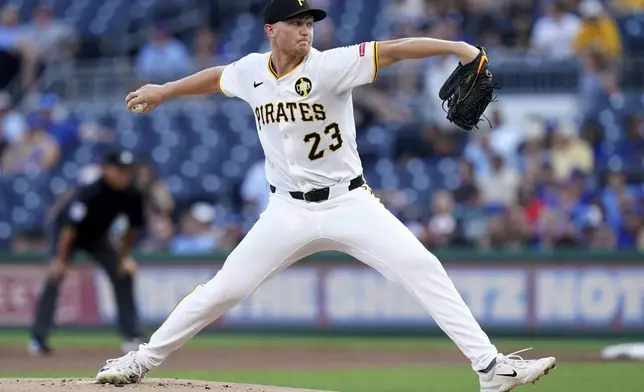 Pittsburgh Pirates pitcher Mitch Keller delivers during the first inning of a baseball game against the Toronto Blue Jays Tuesday, Aug. 19, 2025, in Pittsburgh. (AP Photo/Matt Freed)