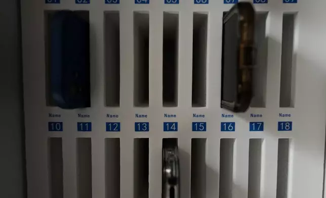 A cell phone locker is seen at Ronald McNair Sr. High School, Thursday, Aug. 7, 2025, in Atlanta. (AP Photo/Mike Stewart)