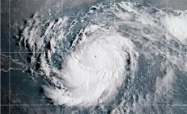 This satellite image provided by NOAA shows Hurricane Erin on Saturday, Aug. 16, 2025. (NOAA via AP)