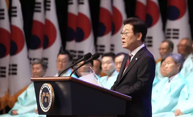 South Korean President Lee Jae Myung speaks during a ceremony to celebrate the 80th anniversary of Korea's liberation from Japanese colonial rule in Seoul, South Korea, Friday, Aug. 15, 2025. (AP Photo/Ahn Young-joon, Pool)