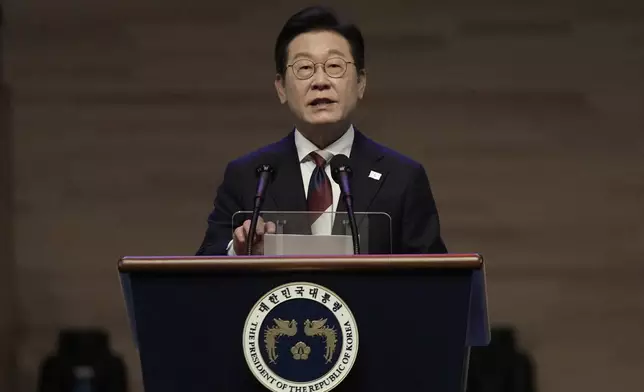 South Korean President Lee Jae Myung speaks during a ceremony to celebrate the 80th anniversary of Korea's liberation from Japanese colonial rule in Seoul, South Korea, Friday, Aug. 15, 2025. (AP Photo/Ahn Young-joon, Pool)