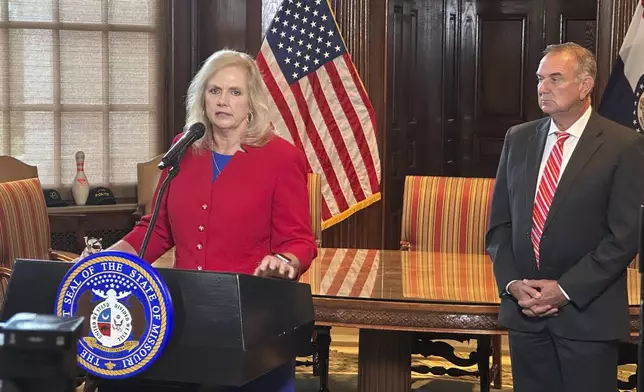 Former U.S. Attorney Catherine Hanaway speaks to reporters after Missouri Gov. Mike Kehoe announced her appointment as the state's next attorney general on Tuesday, Aug. 19, 2025, at the governor's Capitol office in Jefferson City, Mo. (AP Photo/David A. Lieb)
