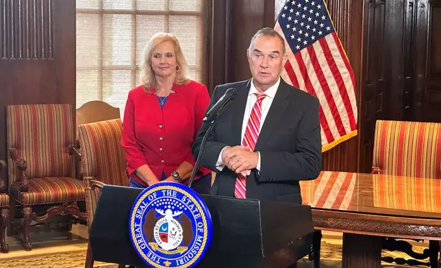 Missouri Gov. Mike Kehoe announces the appointment of former U.S. Attorney Catherine Hanaway to serve as Missouri's next attorney general on Tuesday, Aug. 19, 2025, at the governor's Capitol office in Jefferson City, Mo. (AP Photo/David A. Lieb)