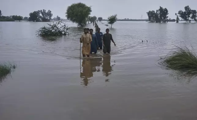 Villagers wade through a flooded area after torrential rains and rising water level in the rivers due to water release from Indian dams, in Pindi Bhattian, Pakistan, Sunday, Aug. 31, 2025. (AP Photo/A. Rizvi)