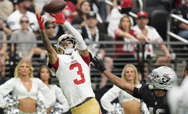 San Francisco 49ers wide receiver Robbie Chosen (3) misses on a catch attempt during the second half of a preseason NFL football game against the Las Vegas Raiders, Saturday, Aug. 16, 2025, in Las Vegas. (AP Photo/John Locher)