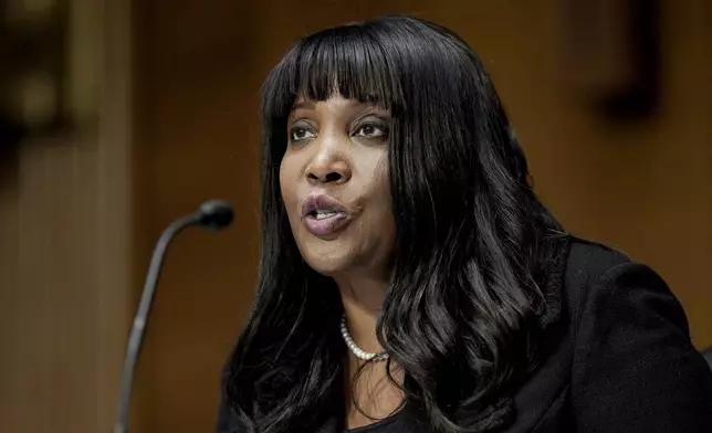 FILE - Lisa Cook, nominee to be a member of the Federal Reserve Board of Governors, speaks during the Senate Banking, Housing and Urban Affairs Committee confirmation hearing on Feb. 3, 2022, in Washington. (Ken Cedeno/Pool via AP, file)