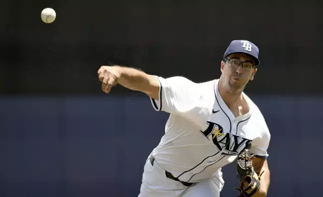 Tampa Bay Rays pitcher Joe Boyle throws during the fourth inning of a baseball game against the Los Angeles Dodgers, Sunday, Aug. 3, 2025, in Tampa, Fla. (AP Photo/Jason Behnken)