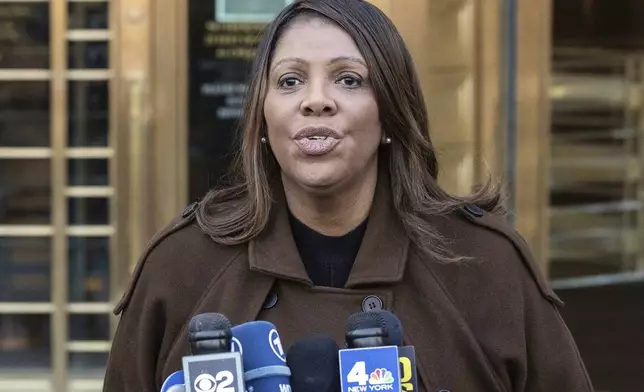 FILE - New York Attorney General Letitia James speaks during a news conference outside Manhattan federal court in New York, Feb. 14, 2025. (AP Photo/Yuki Iwamura, File)