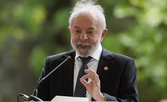 Brazil's President Luiz Inacio Lula da Silva speaks during a meeting of leaders of the Amazon Cooperation Treaty Organization in Bogota, Colombia, Friday, Aug. 22, 2025. (AP Photo/Fernando Vergara)