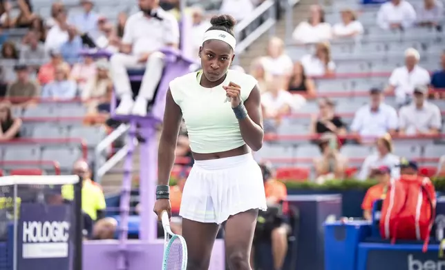 Coco Gauff, of the United States, reacts during third-round match action against Veronika Kudermetova at the National Bank Open women's tennis tournament in Montreal, Thursday, July 31, 2025. (Christopher Katsarov/The Canadian Press via AP)