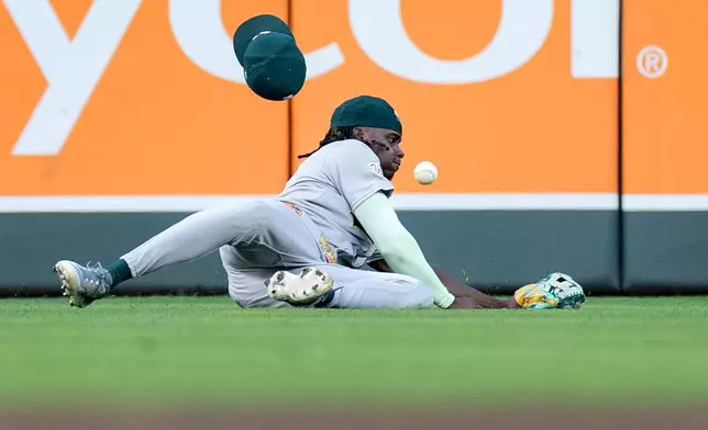 Athletics' centerfielder Lawrence Butler (4) reaches for a ball hit by Minnesota Twins' Luke Keaschall (15) in the fourth inning of a baseball game, in Minneapolis, Wednesday, Aug. 20, 2025. (Carlos Gonzalez/Star Tribune via AP)
