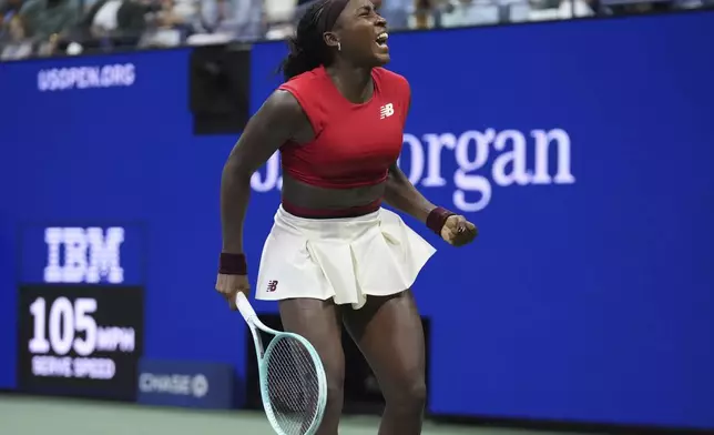 Coco Gauff, of the United States, celebrates winning a match agains Ajla Tomljanovic, of Australia, during the first round of the U.S. Open tennis championships, Tuesday, Aug. 26, 2025, in New York. (AP Photo/Frank Franklin II)