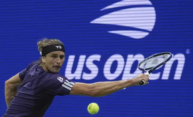 Alexander Zverev, of Germany, returns a shot against Alejandro Tabilo, of Chile, during the first round of the U.S. Open tennis championships, Wednesday, Aug. 27, 2025, in New York. (AP Photo/Frank Franklin II)