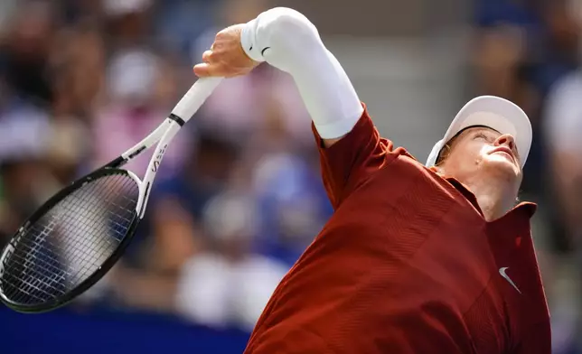Jannik Sinner, of Italy, serves to Vit Kopriva, of the Czech Republic, during the first round of the U.S. Open tennis championships, Tuesday, Aug. 26, 2025, in New York. (AP Photo/Yuki Iwamura)