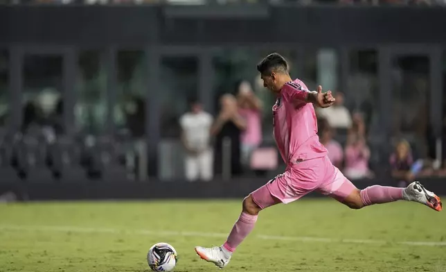 during the second half of a Leagues Cup soccer match, Saturday, Aug. 2, 2025, in Fort Lauderdale, Fla. (AP Photo/Rebecca BlackwellInter Miami forward Luis Suarez takes the winning kick as Inter Miami defeats Necaxa on penalties in a Leagues Cup soccer match, Saturday, Aug. 2, 2025, in Fort Lauderdale, Fla. (AP Photo/Rebecca Blackwell)