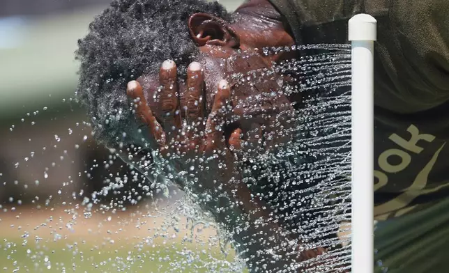 FILE - Paul Williams cools off in water while taking a break from yard work in Richardson, Texas, July 31, 2025. (AP Photo/LM Otero, File)