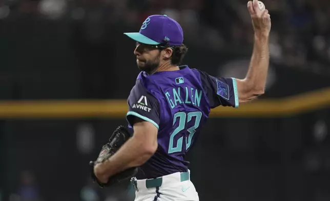 Arizona Diamondbacks pitcher Zac Gallen throws against the Cincinnati Reds in the first inning of a baseball game, Sunday, Aug 24, 2025, in Phoenix. (AP Photo/Rick Scuteri)