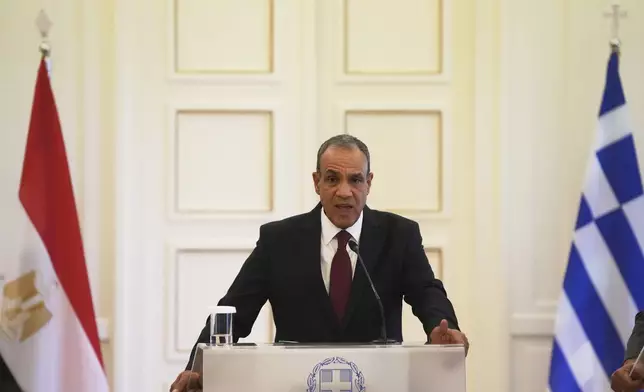 Egyptian Foreign Minister Badr Abdelatty speaks to reporters with his Greek counterpart George Gerapetritis after their meeting in Athens, Greece, Wednesday, Aug. 6, 2025. (AP Photo/Thanassis Stavrakis)