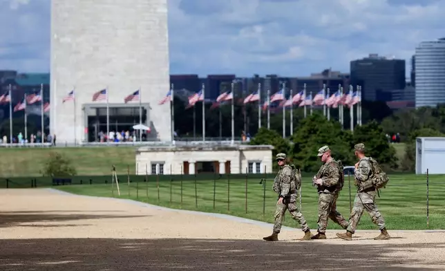 National Guardsmen patrol at the base of the Washington Monument, Friday, Aug. 22, 2025, in Washington. (AP Photo/Rahmat Gul)