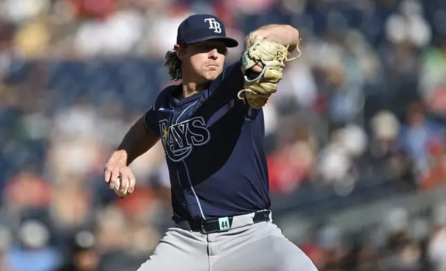 CORRECTS PLAYER'S NAME - Tampa Bay Rays' Ryan Pepiot throws during the third inning of a baseball game against the Washington Nationals, Saturday, Aug. 30, 2025, in Washington. (AP Photo/Terrance Williams)