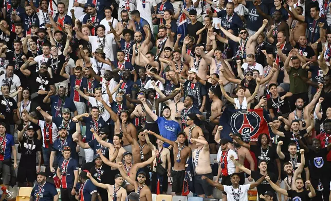 PSG fans before the UEFA Super Cup soccer match between Paris Saint-Germain and Tottenham Hotspur in Udine, Italy, Wednesday, Aug. 13, 2025. (AP Photo/Denes Erdos)