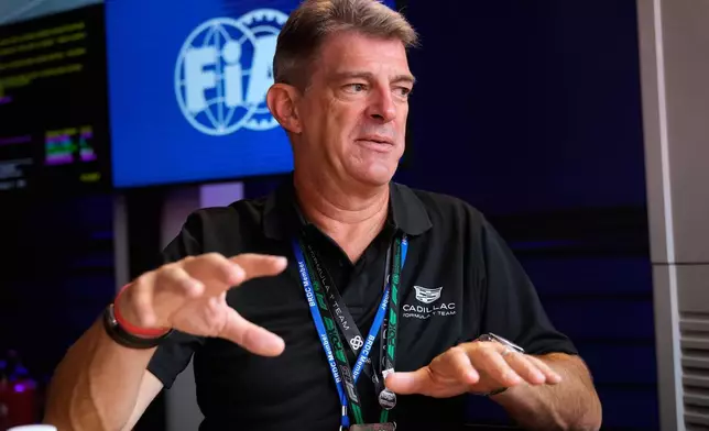 Graeme Lowdon, the team principal of the new Formula One team Cadillac, talks to The Associated Press during an interview at the Silverstone racetrack, ahead of the British Formula One Grand Prix, in Silverstone, England, Sunday, July 6, 2025. (AP Photo/Darko Bandic)