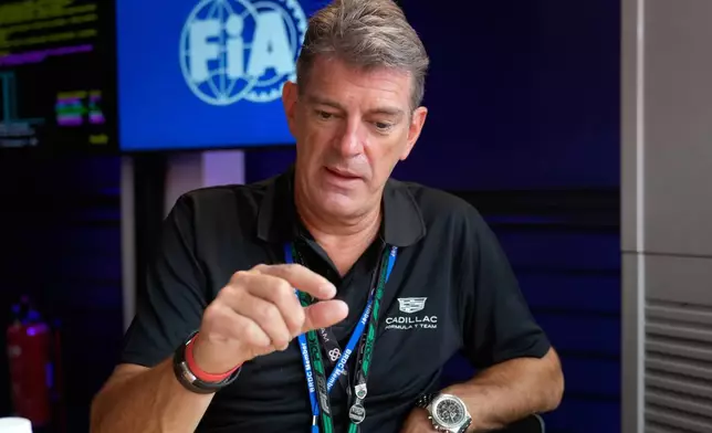Graeme Lowdon, the team principal of the new Formula One team Cadillac, talks to The Associated Press during an interview at the Silverstone racetrack, ahead of the British Formula One Grand Prix, in Silverstone, England, Sunday, July 6, 2025. (AP Photo/Darko Bandic)