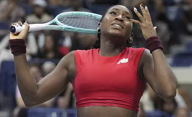 Coco Gauff, of the United States, reacts to loosing a point to Ajla Tomljanovic, of Australia, during the first round of the U.S. Open tennis championships, Tuesday, Aug. 26, 2025, in New York. (AP Photo/Frank Franklin II)