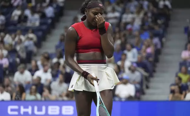 Coco Gauff, of the United States, reacts to loosing a point to Ajla Tomljanovic, of Australia, during the first round of the U.S. Open tennis championships, Tuesday, Aug. 26, 2025, in New York. (AP Photo/Frank Franklin II)
