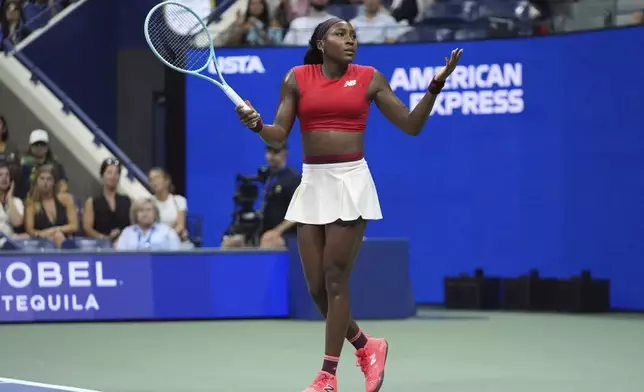 Coco Gauff, of the United States, reacts after loosing a game in the second set against Ajla Tomljanovic, of Australia, during the first round of the U.S. Open tennis championships, Tuesday, Aug. 26, 2025, in New York. (AP Photo/Frank Franklin II)