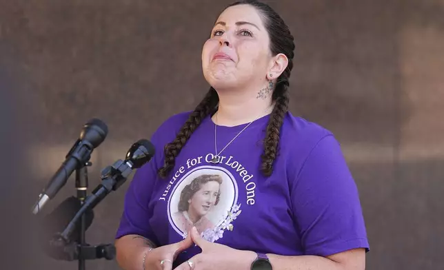 Samantha Naranjo speaks to reporters outside the El Paso County Courthouse after a judge ruled against accepting a plea deal in the case of a funeral home owner who stored roughly 189 decomposing bodies in a building Friday, Aug. 22, 2025, in Colorado Springs, Colo. (AP Photo/David Zalubowski)